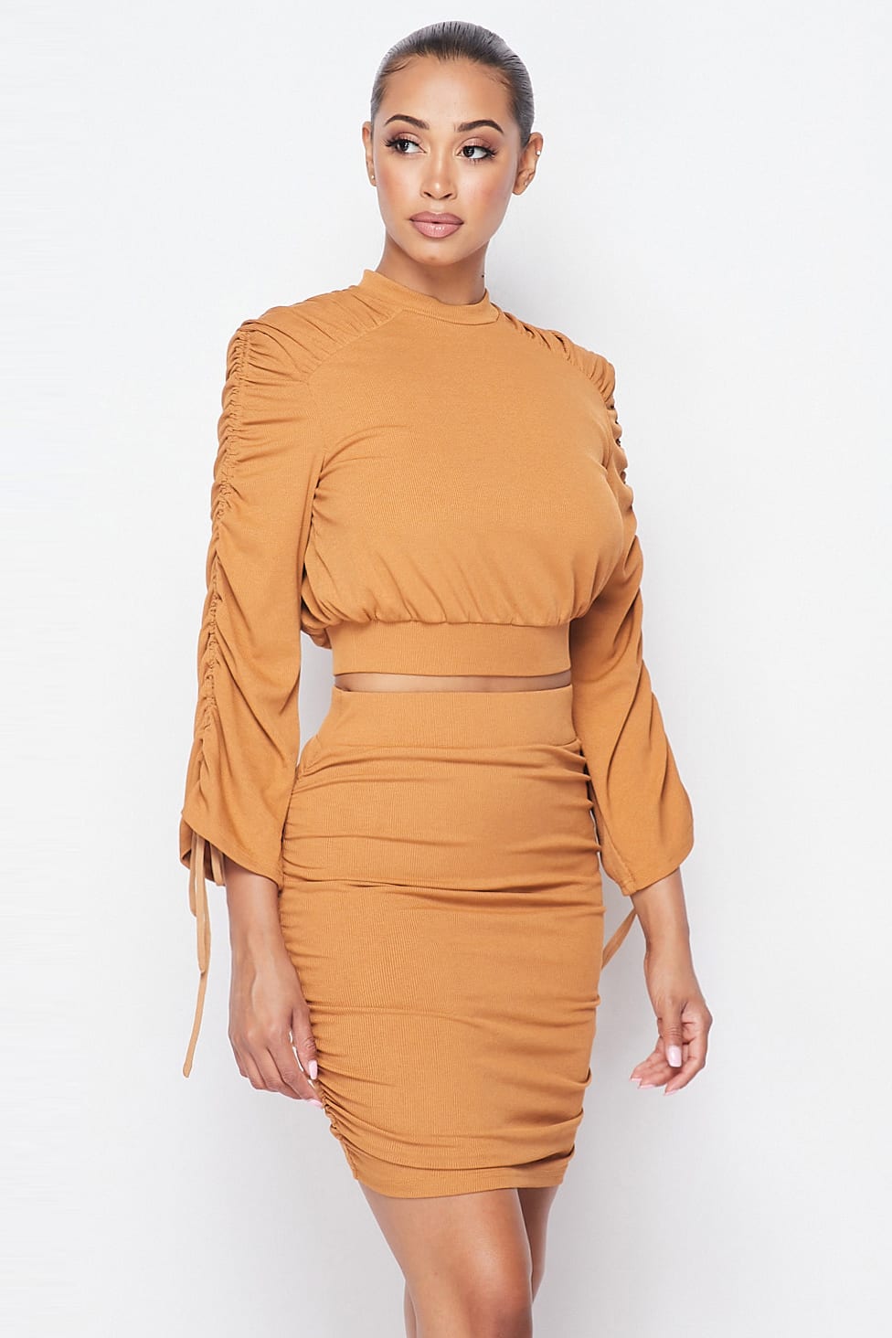 Ruched Long Sleeve And Skirt Set