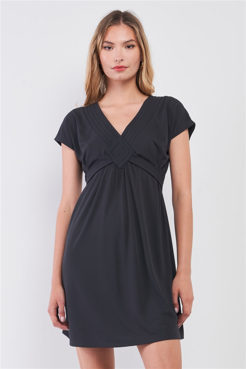 Dusty-navy V-neck Short Sleeve Front Rhombus Detail Back Tie Mini Dress