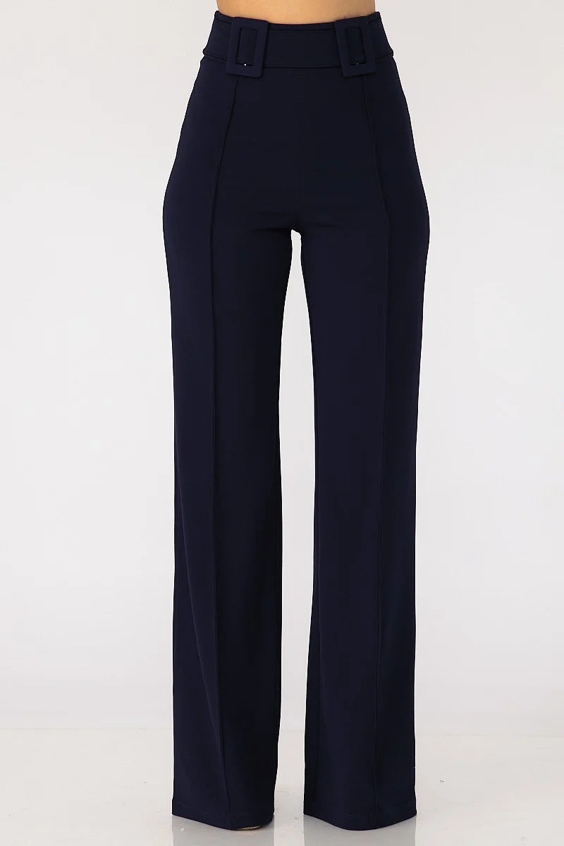 High Waist Pants With Self Fabric Buckle Detail On The Waist